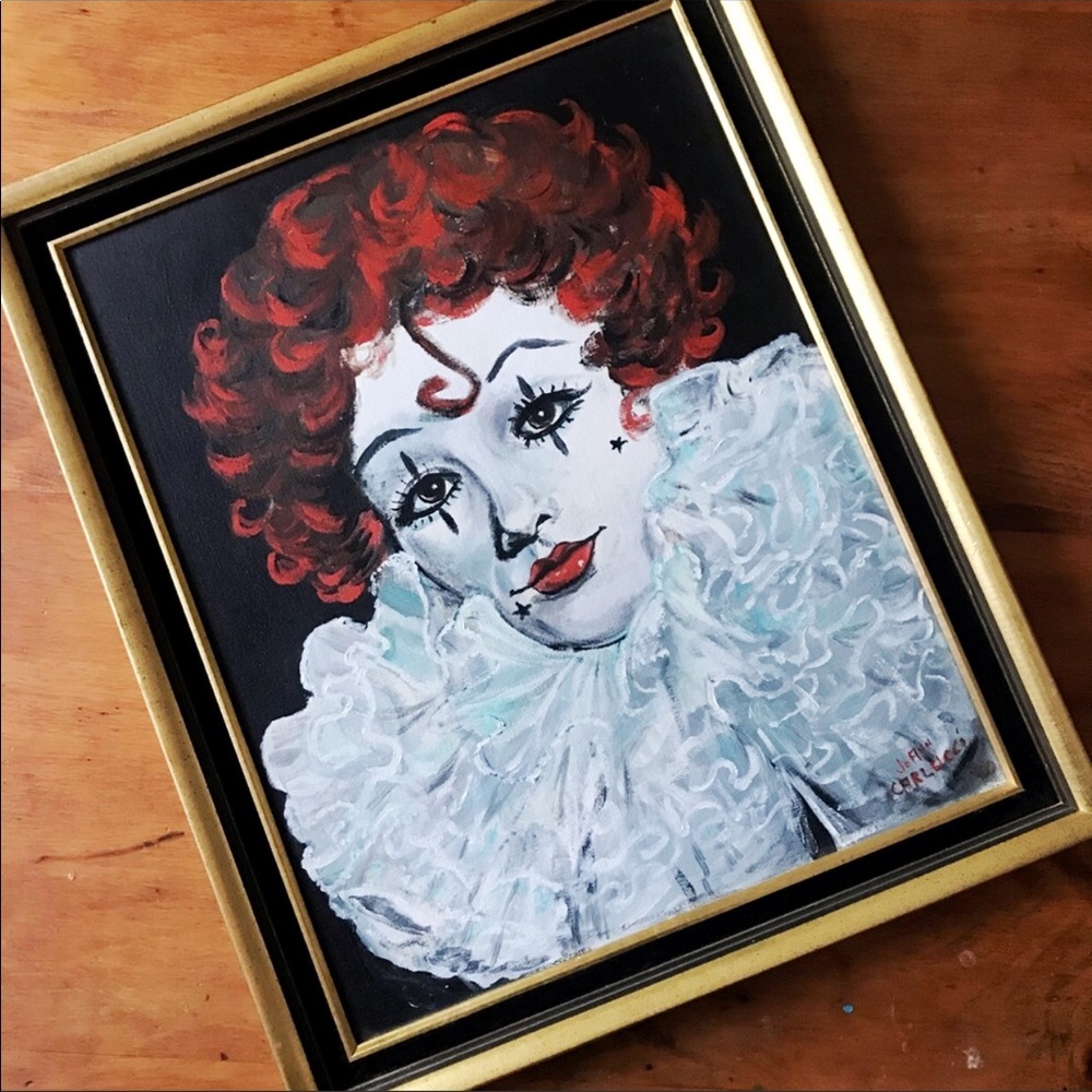 vintage framed clown painting